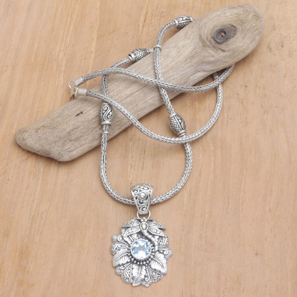 18k-Gold Accented Blue Topaz Pendant Necklace with Dragonfly 'Dragonfly's Blue Paradise'
