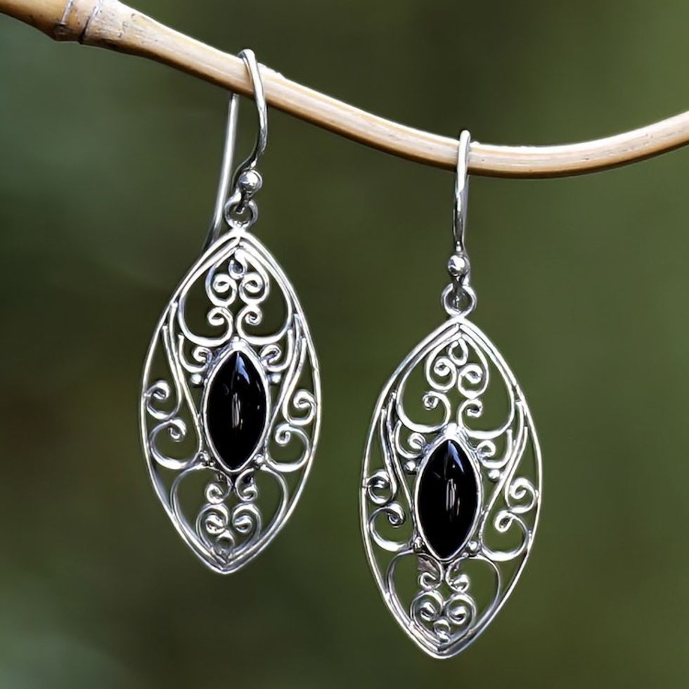 Sterling Silver Filigree Dangle Earrings with Onyx Jewels 'Guard Eyes'
