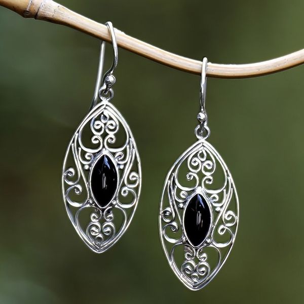 Alternate image for Sterling Silver Filigree Dangle Earrings with Onyx Jewels Guard Eyes