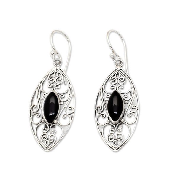 Alternate image for Sterling Silver Filigree Dangle Earrings with Onyx Jewels Guard Eyes