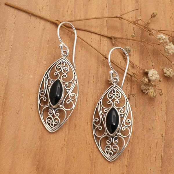 Alternate image for Sterling Silver Filigree Dangle Earrings with Onyx Jewels Guard Eyes