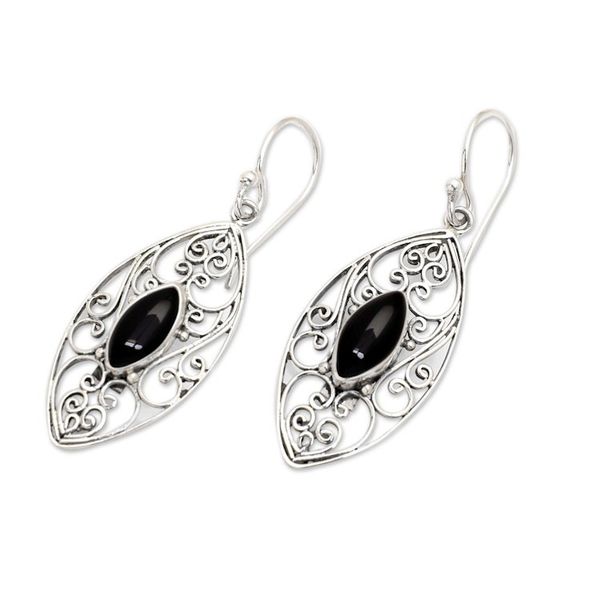 Alternate image for Sterling Silver Filigree Dangle Earrings with Onyx Jewels Guard Eyes