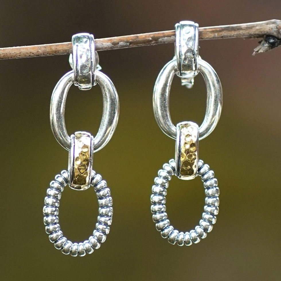 Polished 18k Gold-Accented Sterling Silver Dangle Earrings 'Triple Energy'