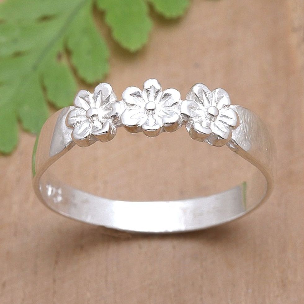 Sterling Silver Band Ring with Floral Motifs from Bali 'Floral Trio'