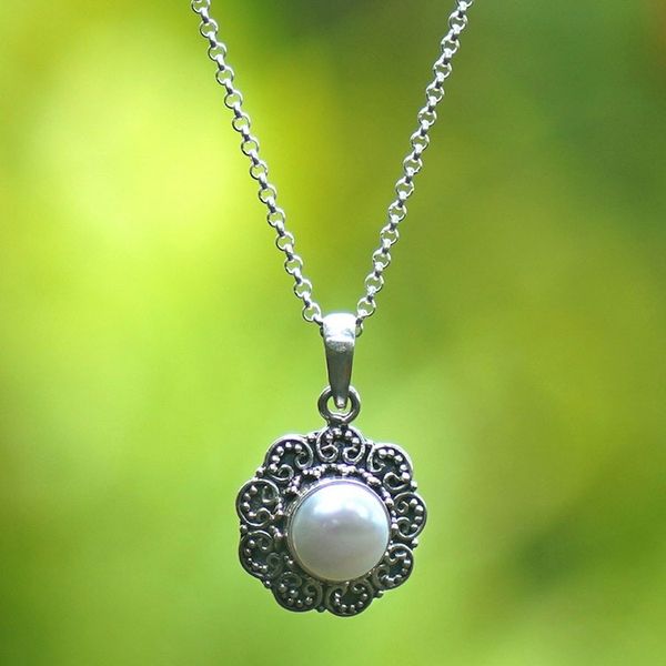 Alternate image for Silver Floral Pendant Necklace with Cultured Mabe Pearl Iridescent Flower