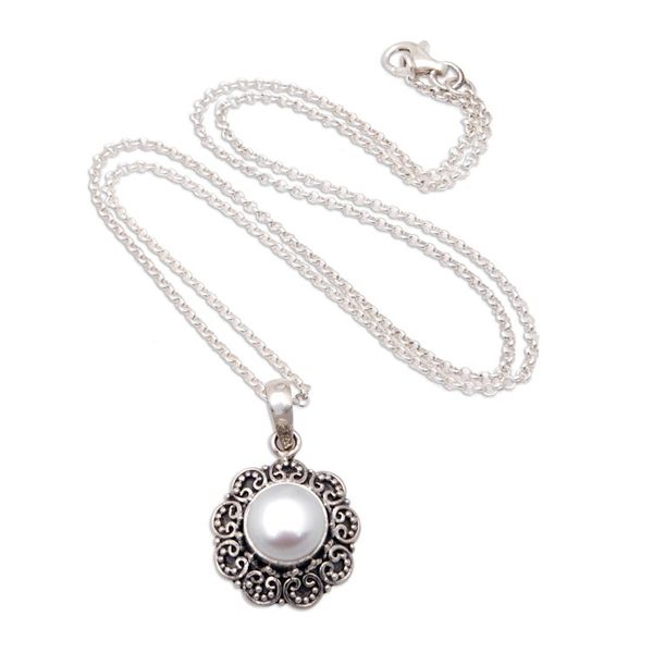 Alternate image for Silver Floral Pendant Necklace with Cultured Mabe Pearl Iridescent Flower
