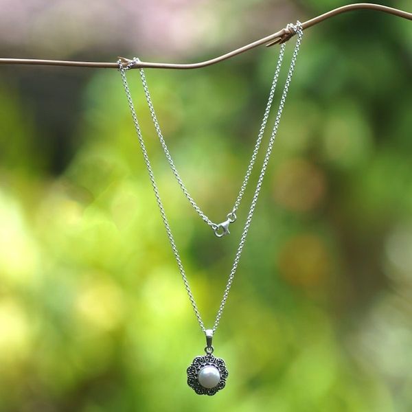 Alternate image for Silver Floral Pendant Necklace with Cultured Mabe Pearl Iridescent Flower