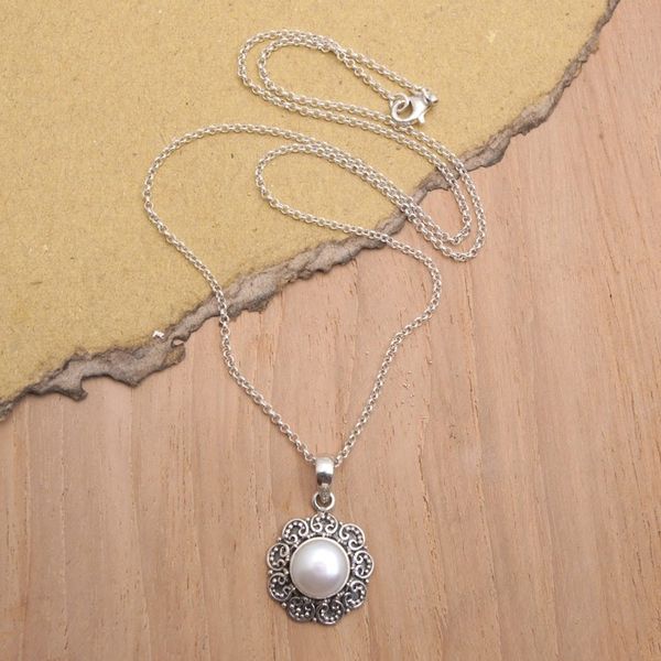 Alternate image for Silver Floral Pendant Necklace with Cultured Mabe Pearl Iridescent Flower