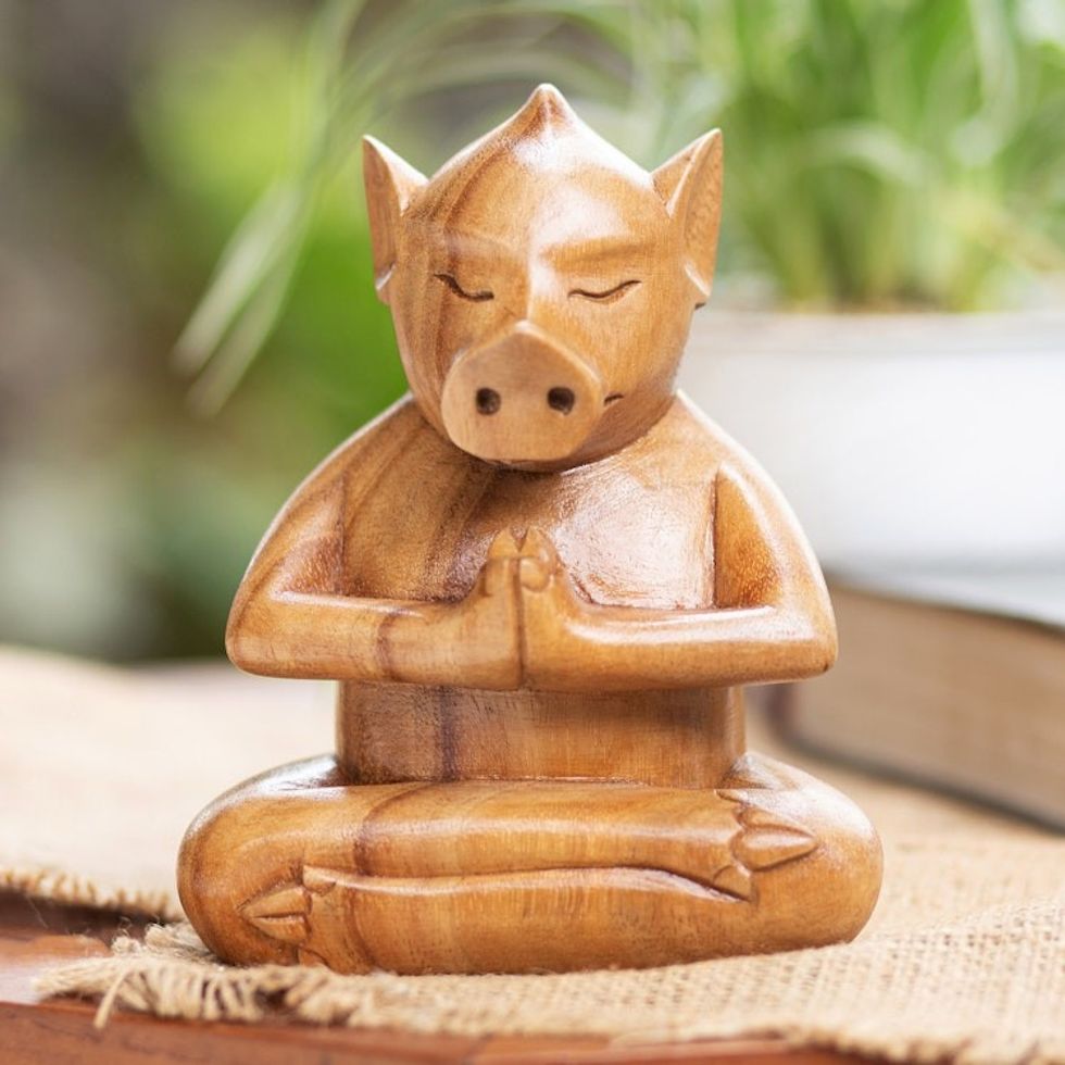 Handcrafted Brown Suar Wood Pig Statuette from Bali 'Gentle Apprentice'
