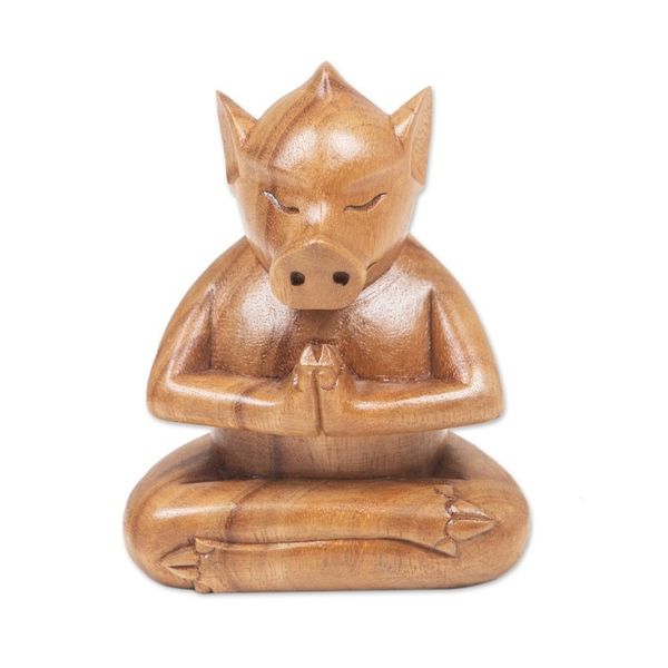 Alternate image for Handcrafted Brown Suar Wood Pig Statuette from Bali Gentle Apprentice