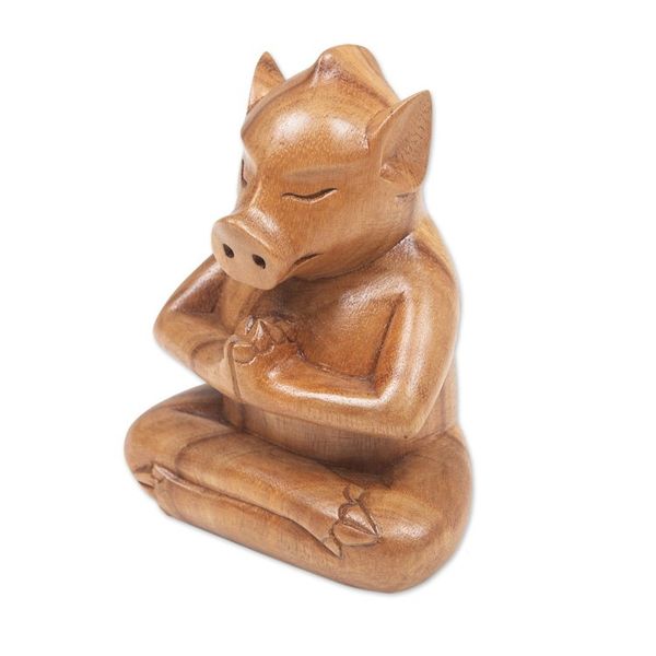 Alternate image for Handcrafted Brown Suar Wood Pig Statuette from Bali Gentle Apprentice