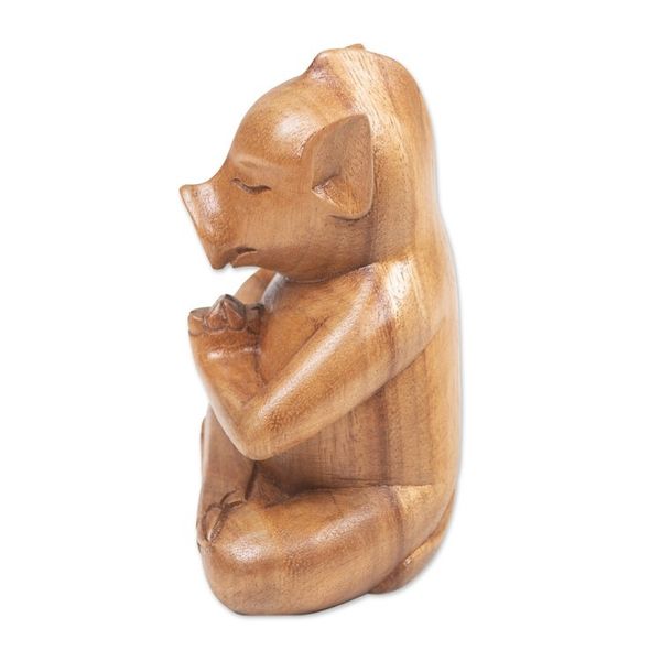 Alternate image for Handcrafted Brown Suar Wood Pig Statuette from Bali Gentle Apprentice