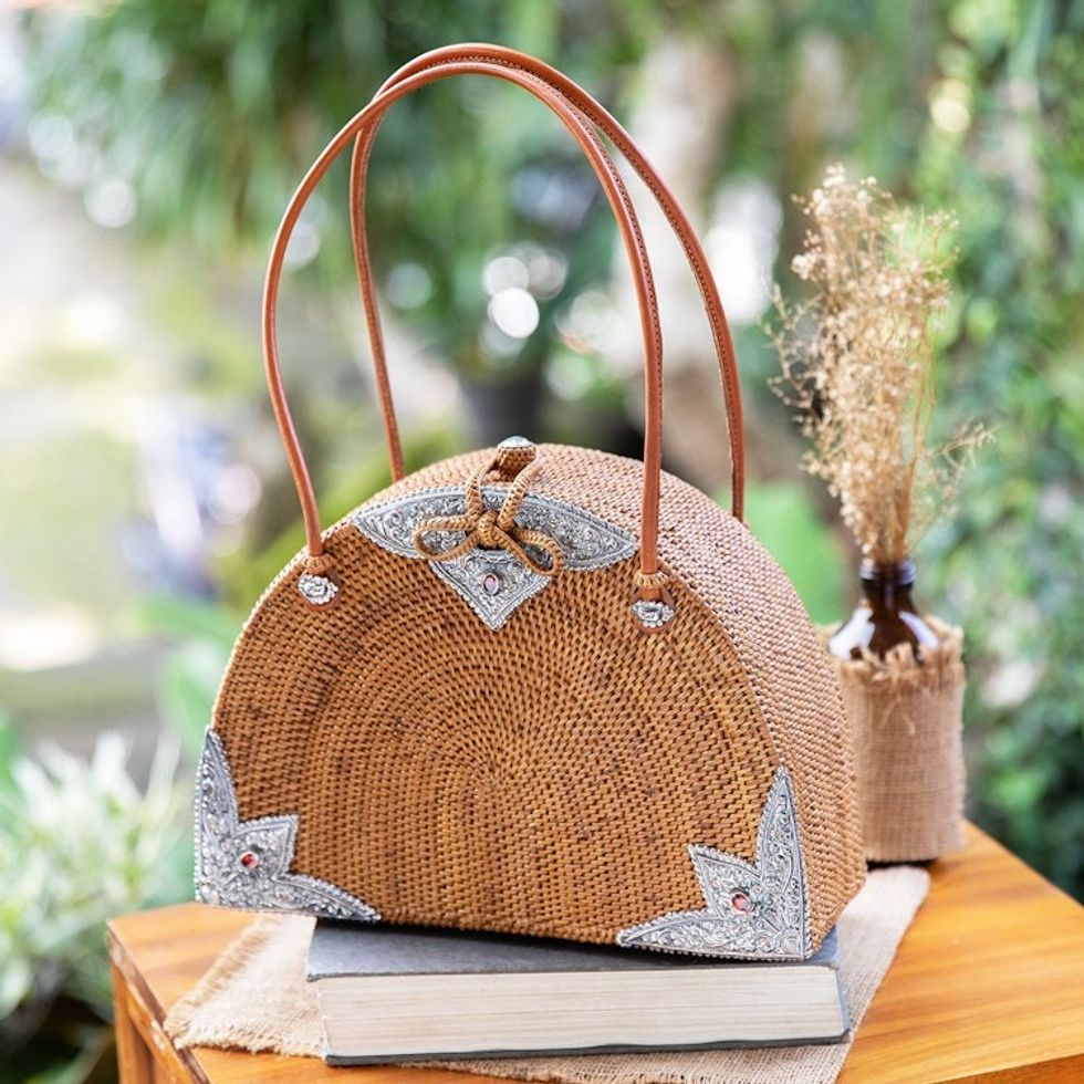 Handcrafted Natural Fiber Handle Bag with Garnet Stones 'Perseverant Sunrise'