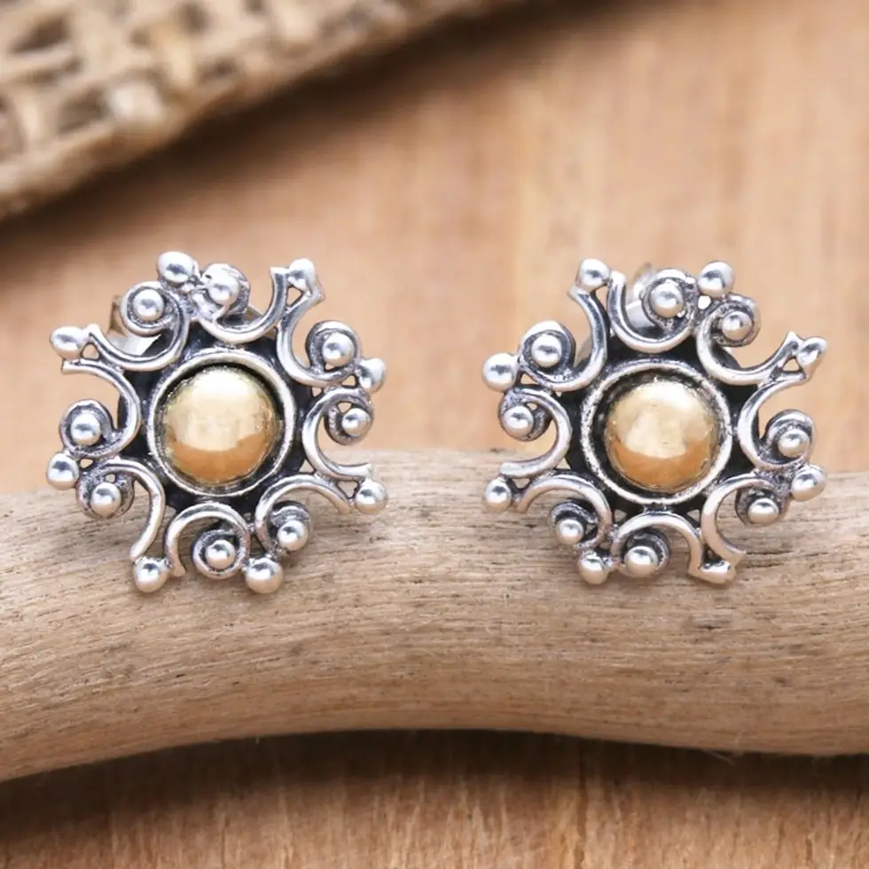 18k Gold-Accented Sterling Silver Sun Stud Earrings 'Solar Magic'