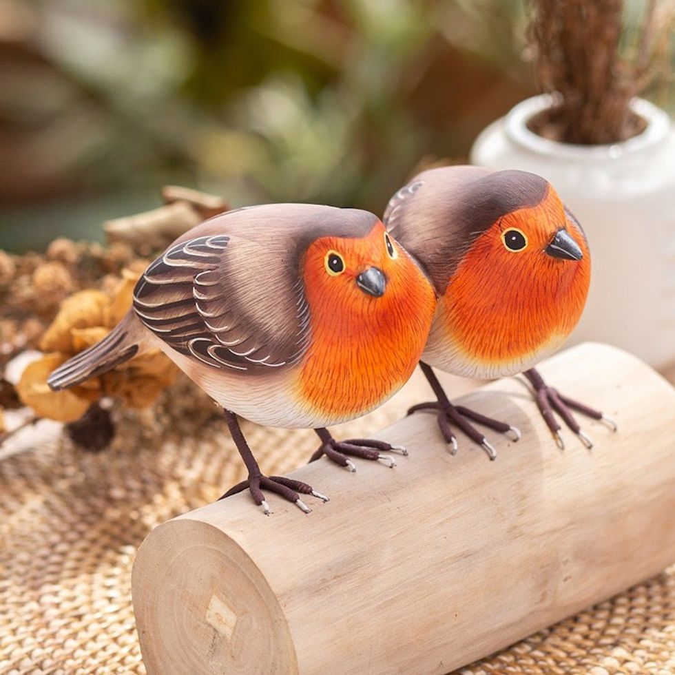Teak Suar Wood Bird Statuette Carved and Painted by Hand 'Robin's Best Friend'