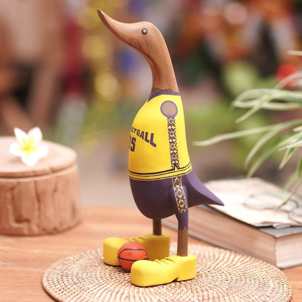 Handcrafted Wood Sculpture of Basketball Player Duck 'Champion Duck'