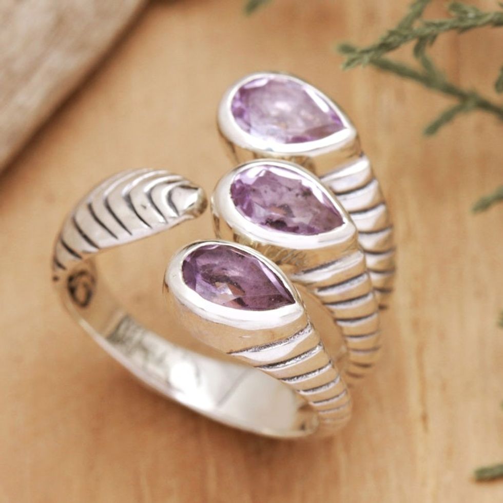 Sterling Silver Wrap Wring with Amethyst Gemstones from Bali 'Three Times Chic'