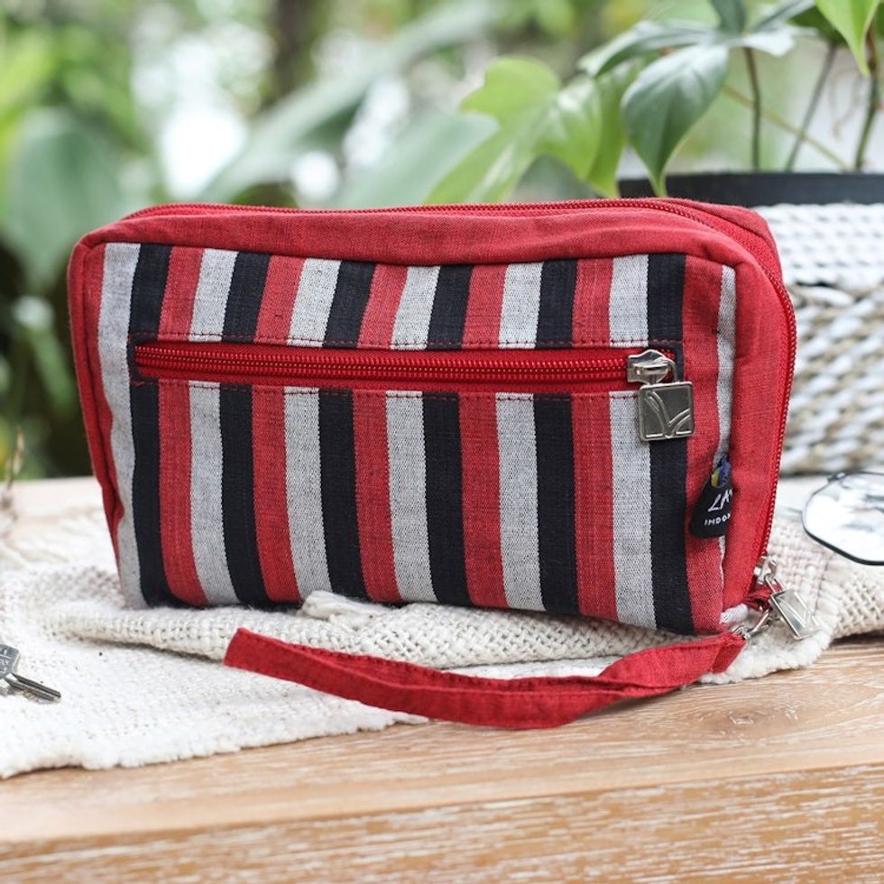 Multi-Pocket Striped Wristlet Bag Handwoven from Cotton 'Versatile Crimson'