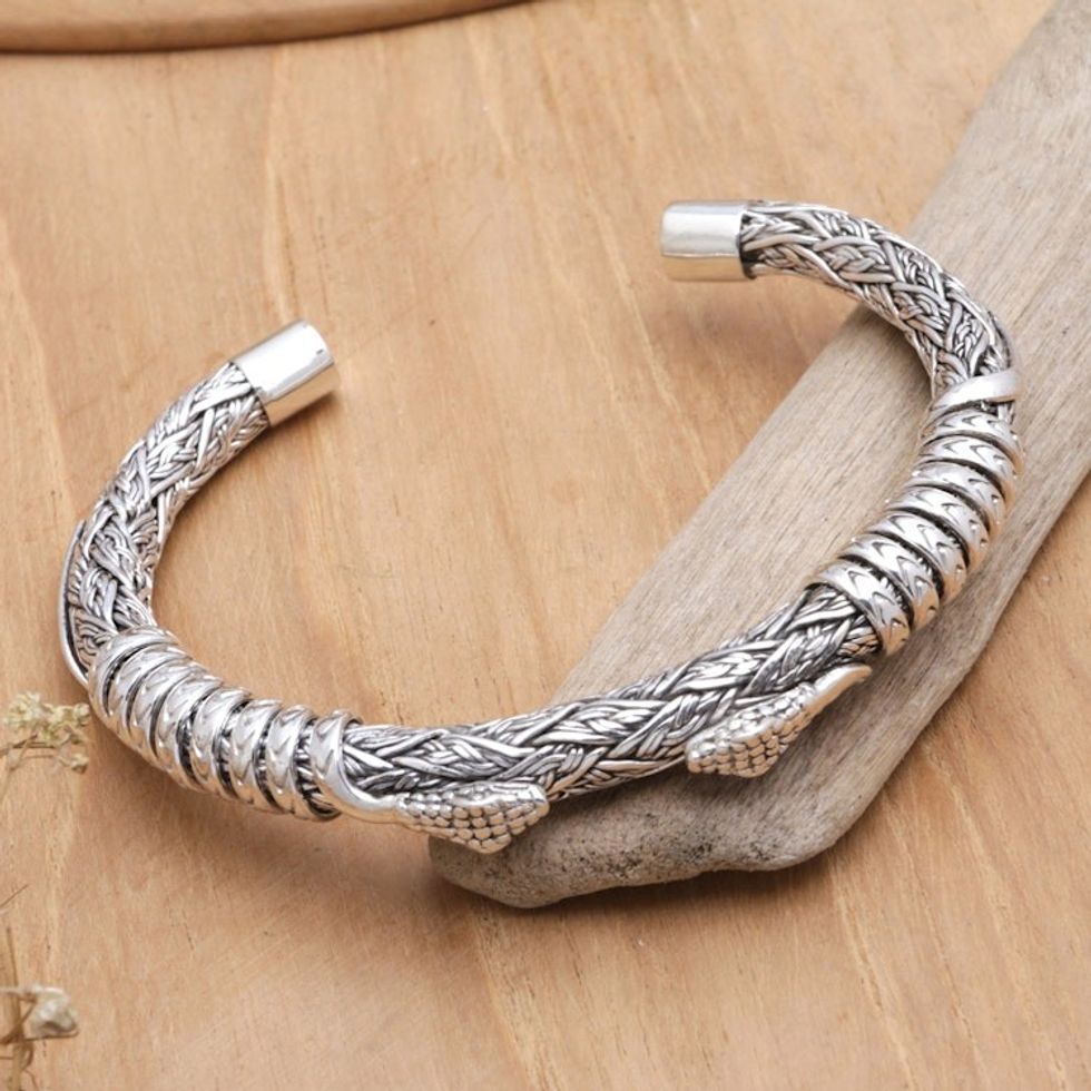 Bali Men's Sterling Silver Cuff Bracelet with Snake Motif 'Woven Snake'