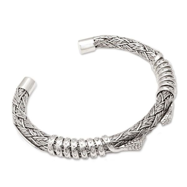 Alternate image for Bali Mens Sterling Silver Cuff Bracelet with Snake Motif Woven Snake