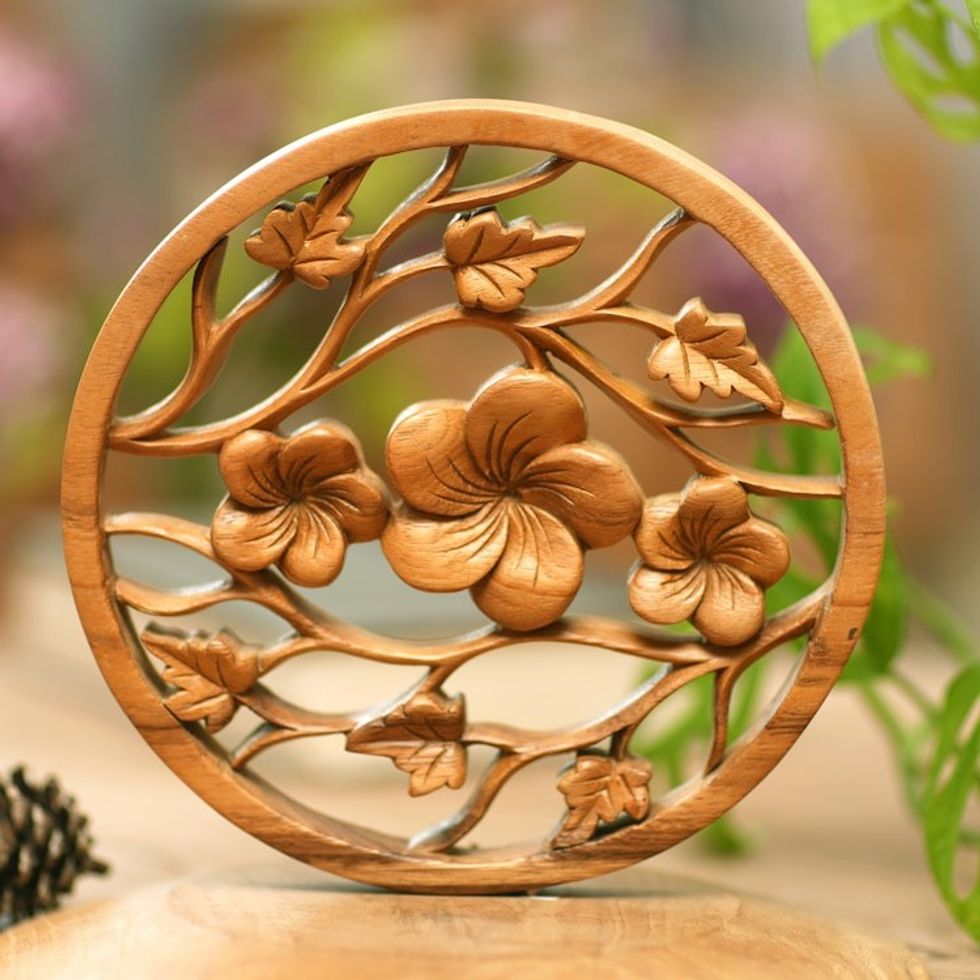 Hand-Carved Wood Relief Panel with Frangipani and Leaf Motif 'Frangipani Trio'