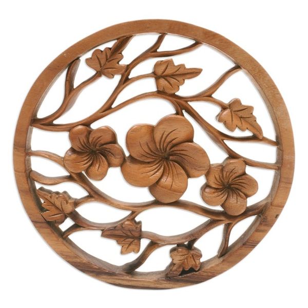 Alternate image for Hand-Carved Wood Relief Panel with Frangipani and Leaf Motif Frangipani Trio