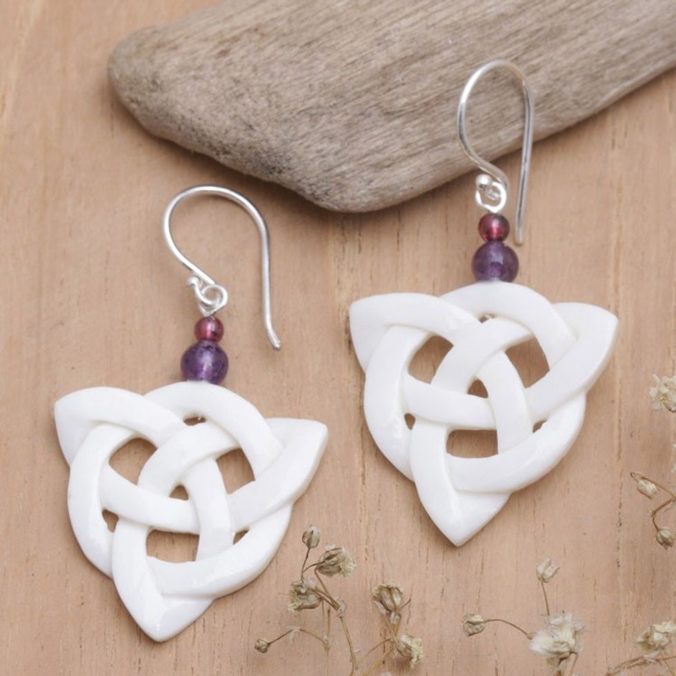 Triangular Knots Dangle Earrings with Amethyst and Garnet 'Triangular Knots'