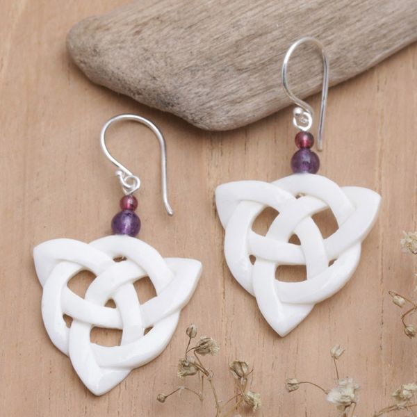 Alternate image for Triangular Knots Dangle Earrings with Amethyst and Garnet Triangular Knots