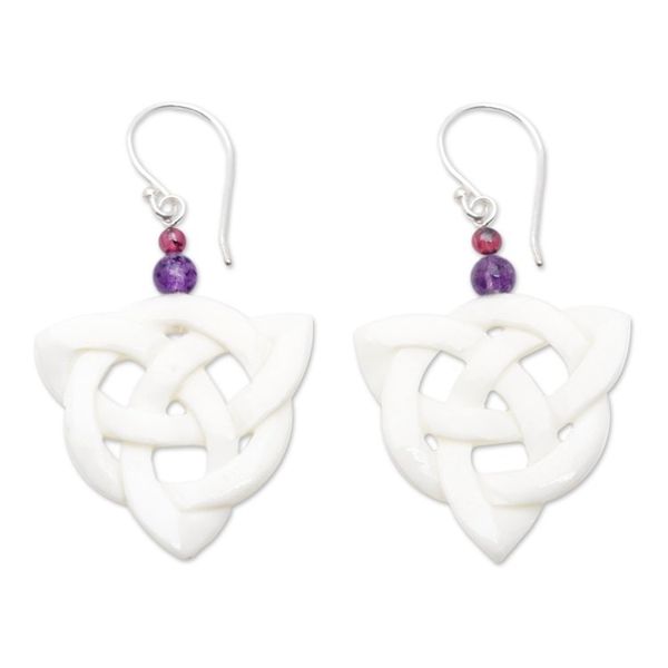 Alternate image for Triangular Knots Dangle Earrings with Amethyst and Garnet Triangular Knots