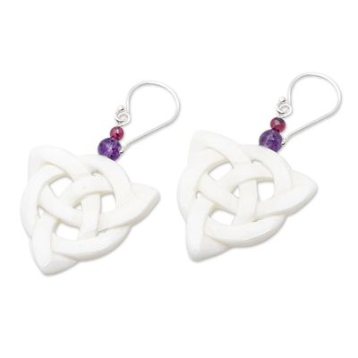 Alternate image for Triangular Knots Dangle Earrings with Amethyst and Garnet Triangular Knots