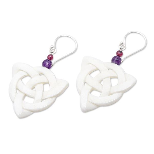 Alternate image for Triangular Knots Dangle Earrings with Amethyst and Garnet Triangular Knots