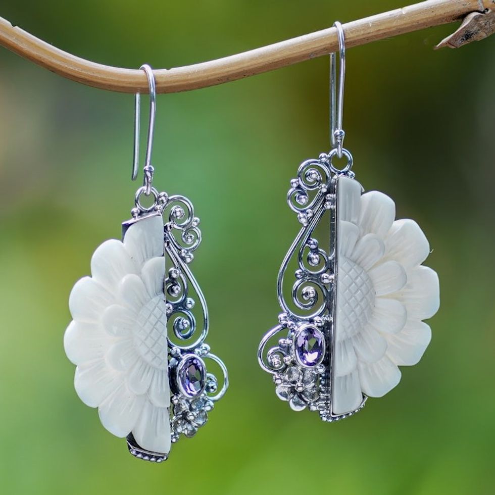 Floral Sterling Silver Dangle Earrings with Amethyst Gems 'Primaveral Glamour'