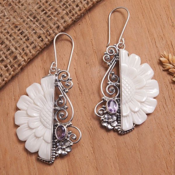 Alternate image for Floral Sterling Silver Dangle Earrings with Amethyst Gems Primaveral Glamour