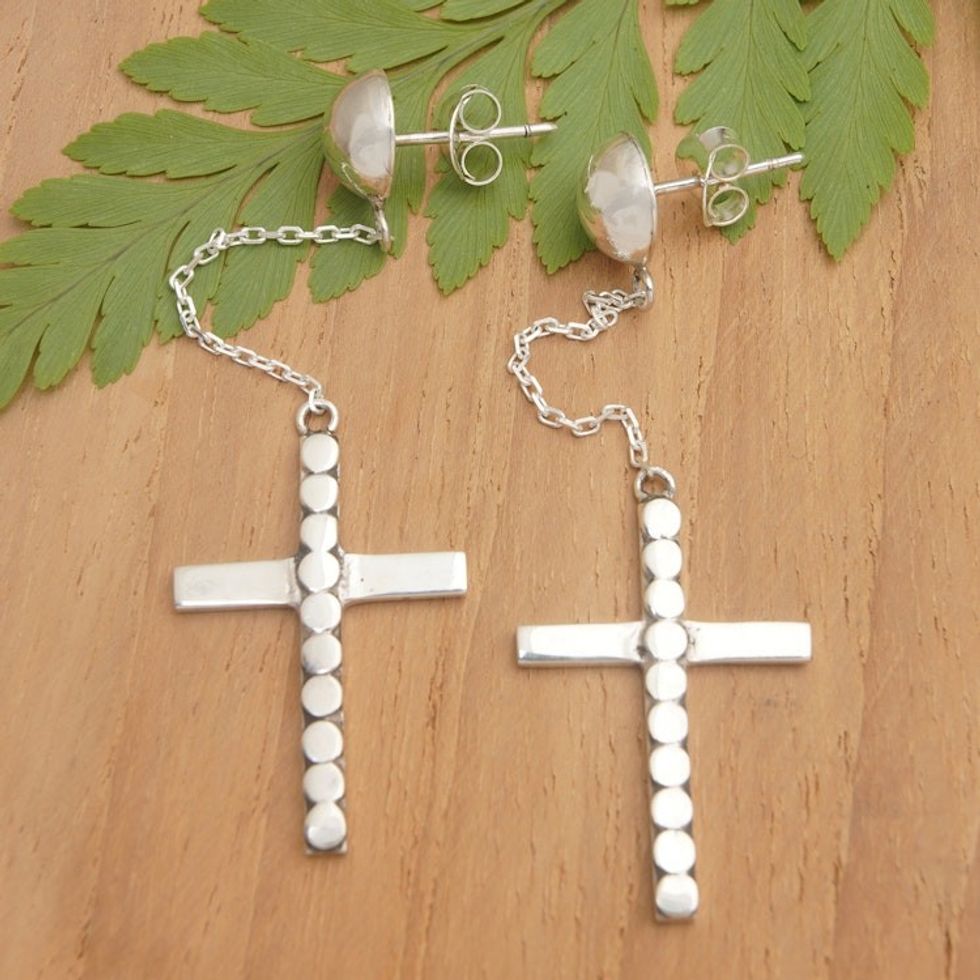 Sterling Silver Cross Dangle Earrings in a Polished Finish 'Faith Spheres'