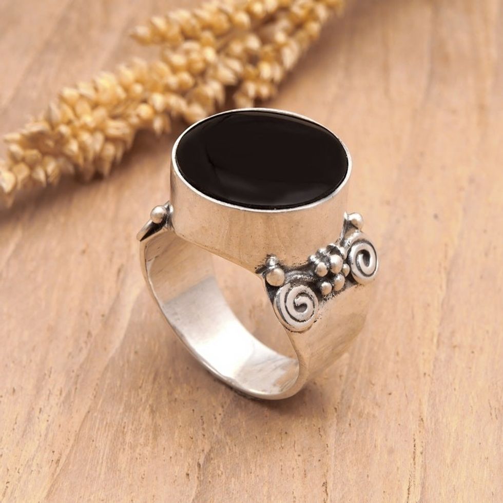 Sterling Silver Cocktail Ring with Traditional Motifs 'Night Lagoon'