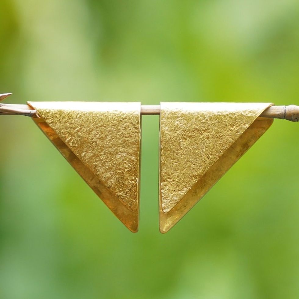 Textured Triangle-Shaped Brass Drop Earrings from Bali 'Pyramid Embrace'