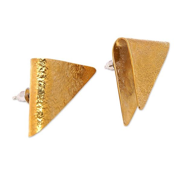 Alternate image for Textured Triangle-Shaped Brass Drop Earrings from Bali Pyramid Embrace