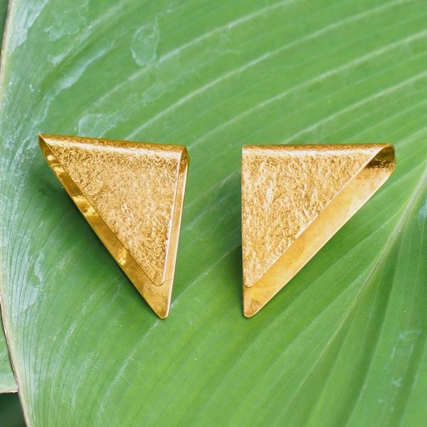 Alternate image for Textured Triangle-Shaped Brass Drop Earrings from Bali Pyramid Embrace