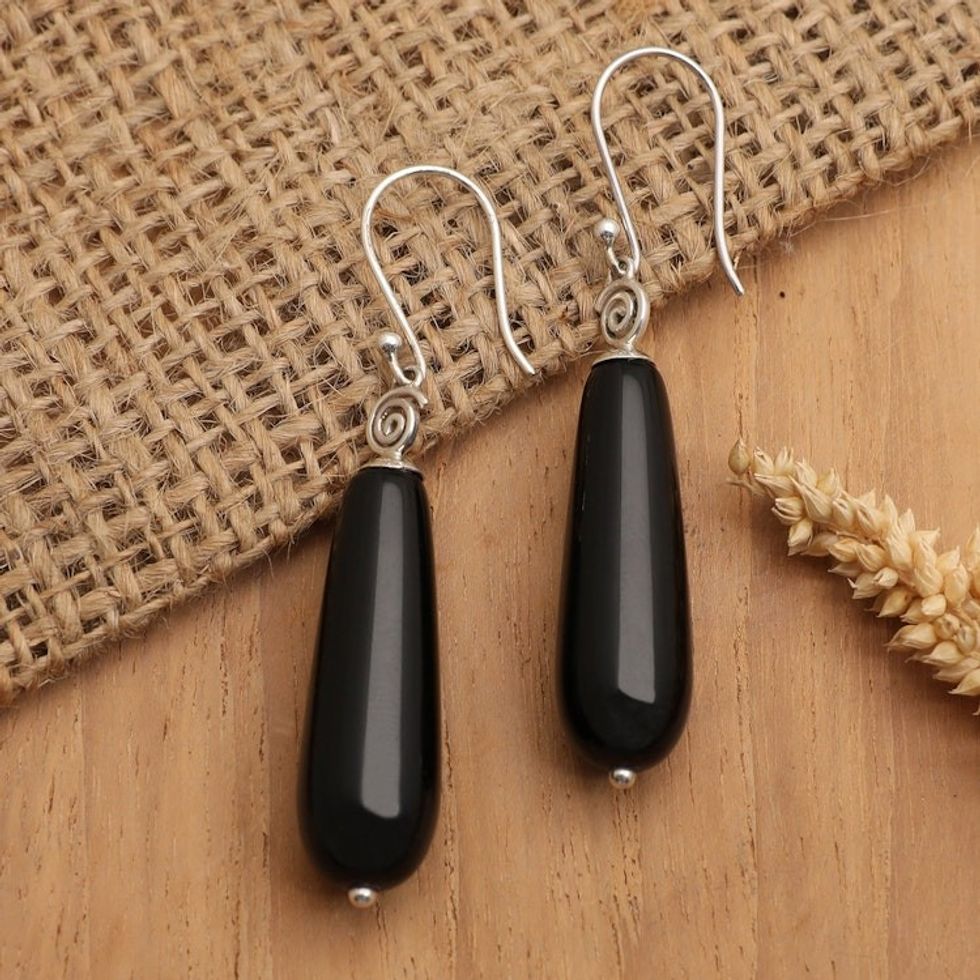Sterling Silver Dangle Earrings with Onyx Stone from Bali 'Intrepid Woman'