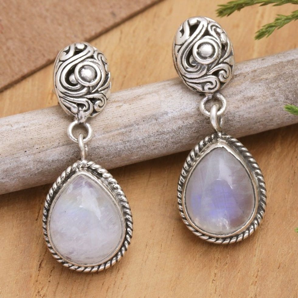 Rainbow Moonstone Dangle Earrings with Traditional Motifs 'Harmonious Dame'
