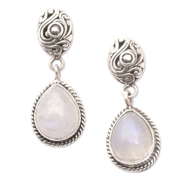 Alternate image for Rainbow Moonstone Dangle Earrings with Traditional Motifs Harmonious Dame
