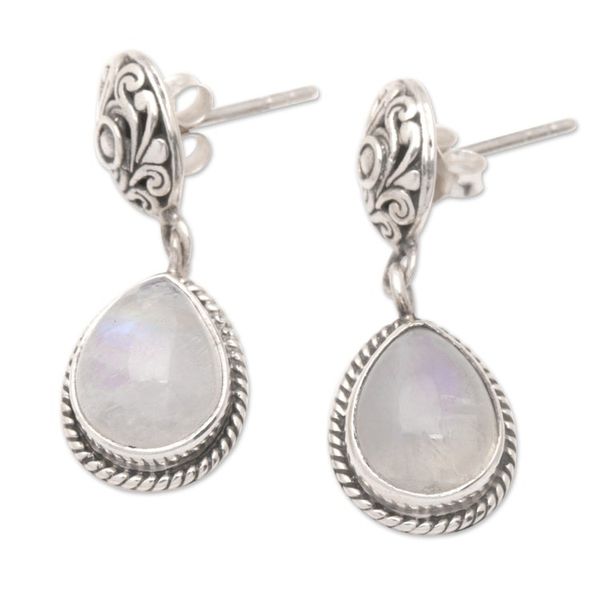 Alternate image for Rainbow Moonstone Dangle Earrings with Traditional Motifs Harmonious Dame
