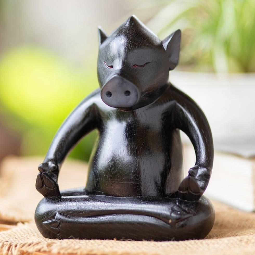 Handmade Black Suar Wood Pig Statuette from Bali 'Gentle Master at Night'