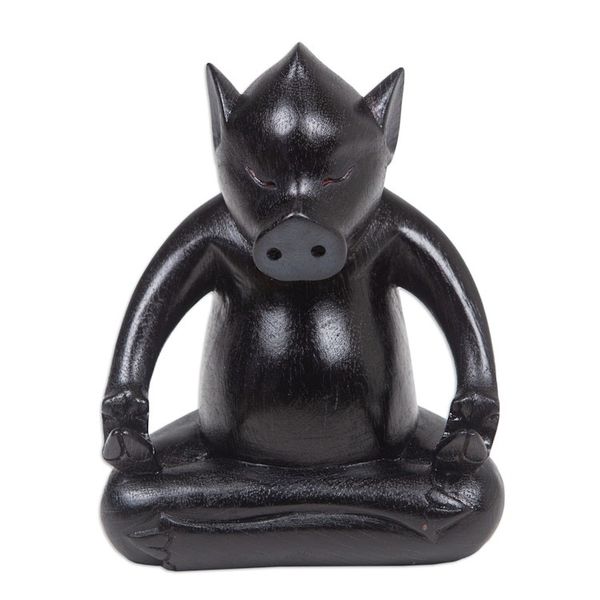 Alternate image for Handmade Black Suar Wood Pig Statuette from Bali Gentle Master at Night