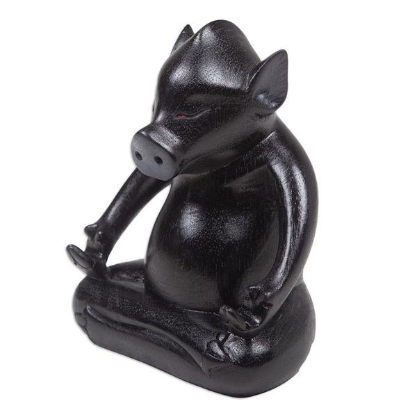 Alternate image for Handmade Black Suar Wood Pig Statuette from Bali Gentle Master at Night