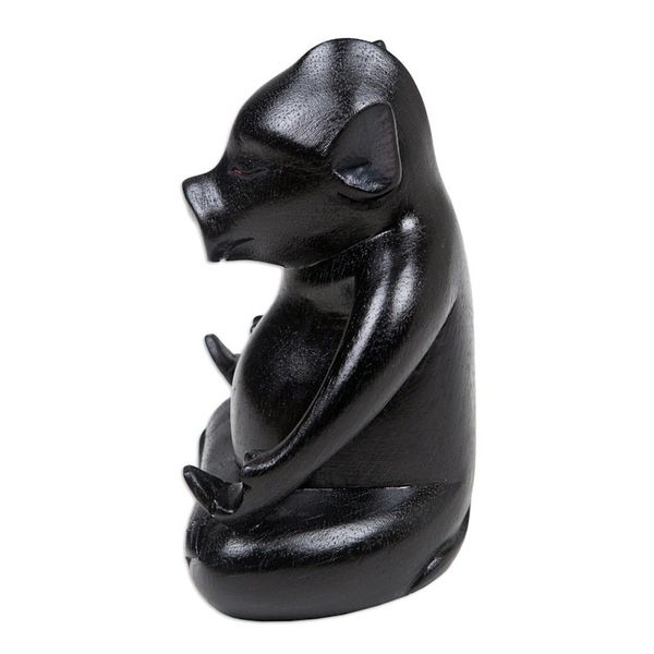 Alternate image for Handmade Black Suar Wood Pig Statuette from Bali Gentle Master at Night