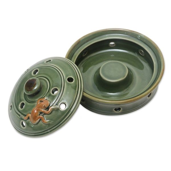 Alternate image for Handmade Porcelain Mosquito Coil Holder with Frog Motif Frog with Polka Dots