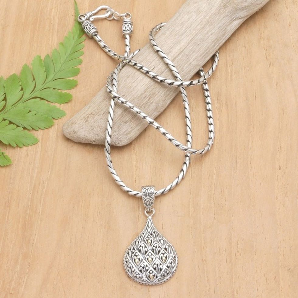 Balinese Sterling Silver Necklace with Gold-Accented Pendant 'Exquisite Teardrop'