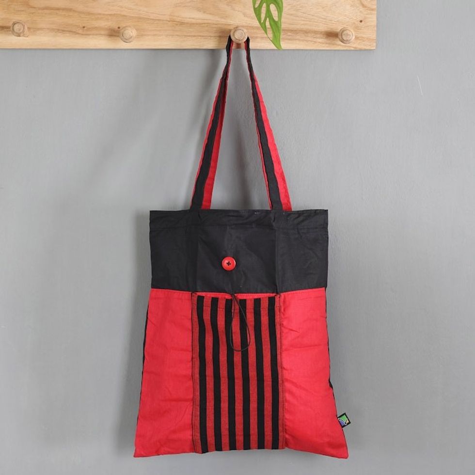 Red and Black Foldable Cotton Tote Bag with Lurik Pattern 'Vibrant Gejayan'