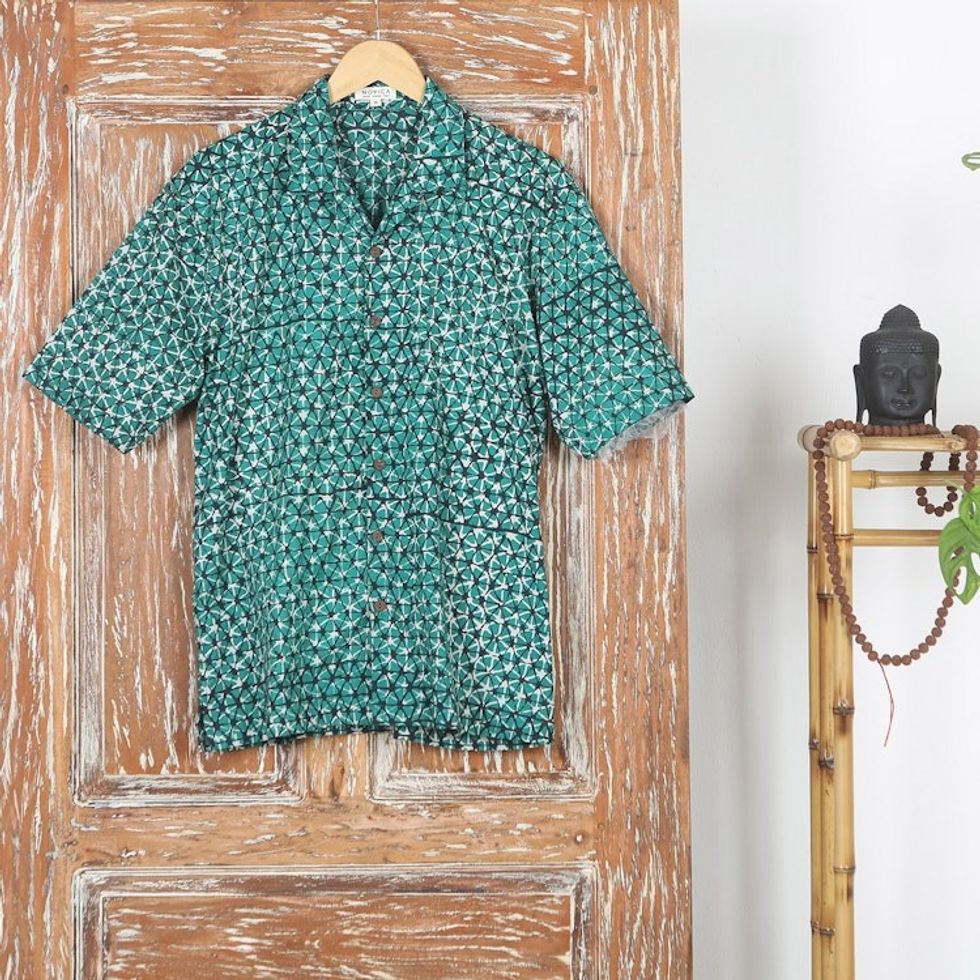 Geometric Batik Cotton Shirt in Green and Black Hues 'Viridian Gallant'